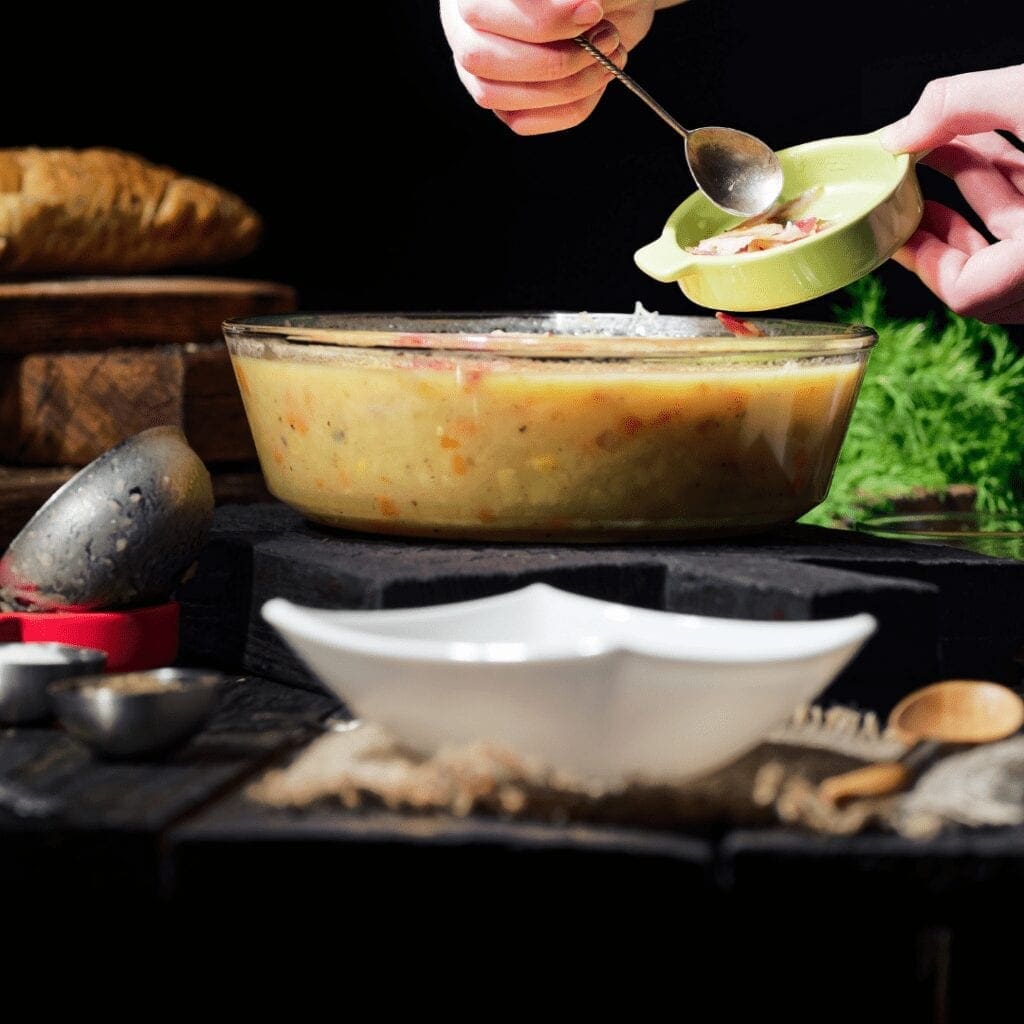 Showing Corn Chowder in Glass Bowl