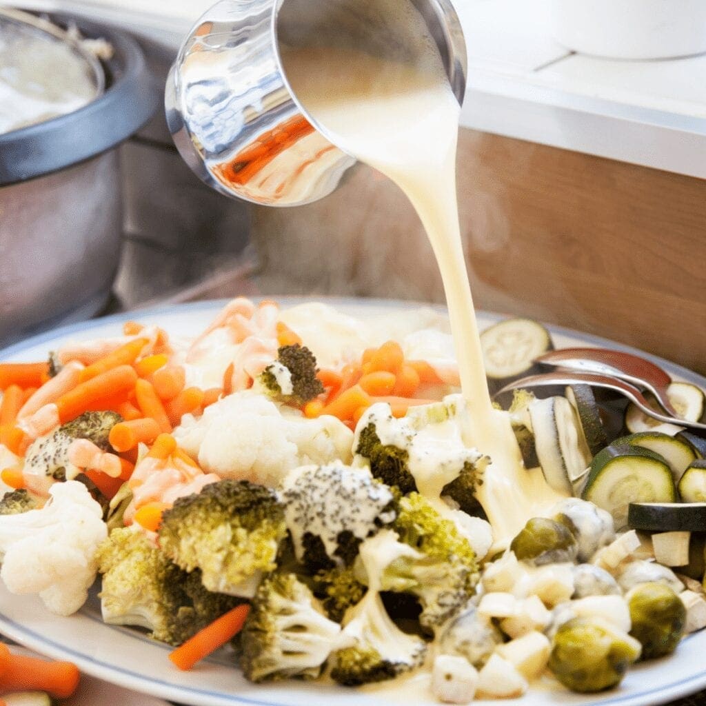 Pouring Hollandaise Sauce on Vegetables