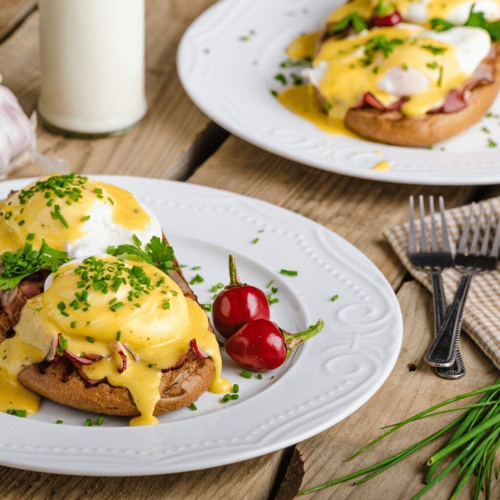 Whole Wheat Bread Thin Slice Roast Beef and Egg Topped with Creamy Hollandaise Sauce