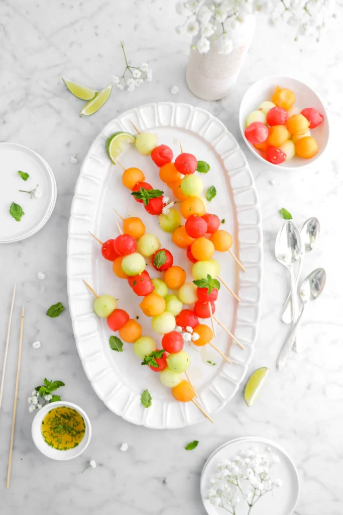 Melon Skewers with Honey Lime Mint Drizzle