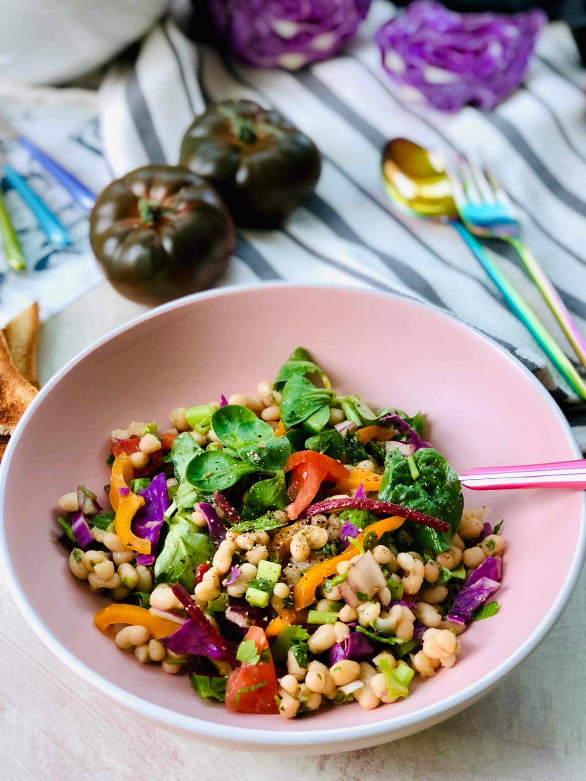 Haricot Beans Salad With Yacon and sweet marmande tomatoes plated