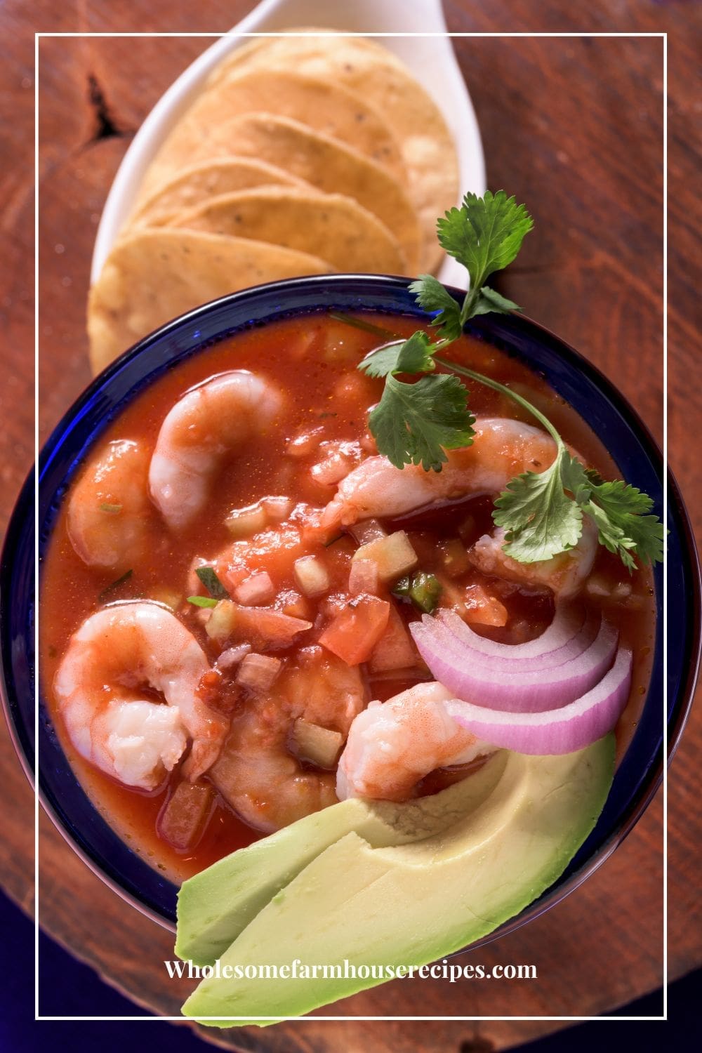 Overhead shot of Shrimp Cocktail garnished with cilantro, avocado, and onion slices