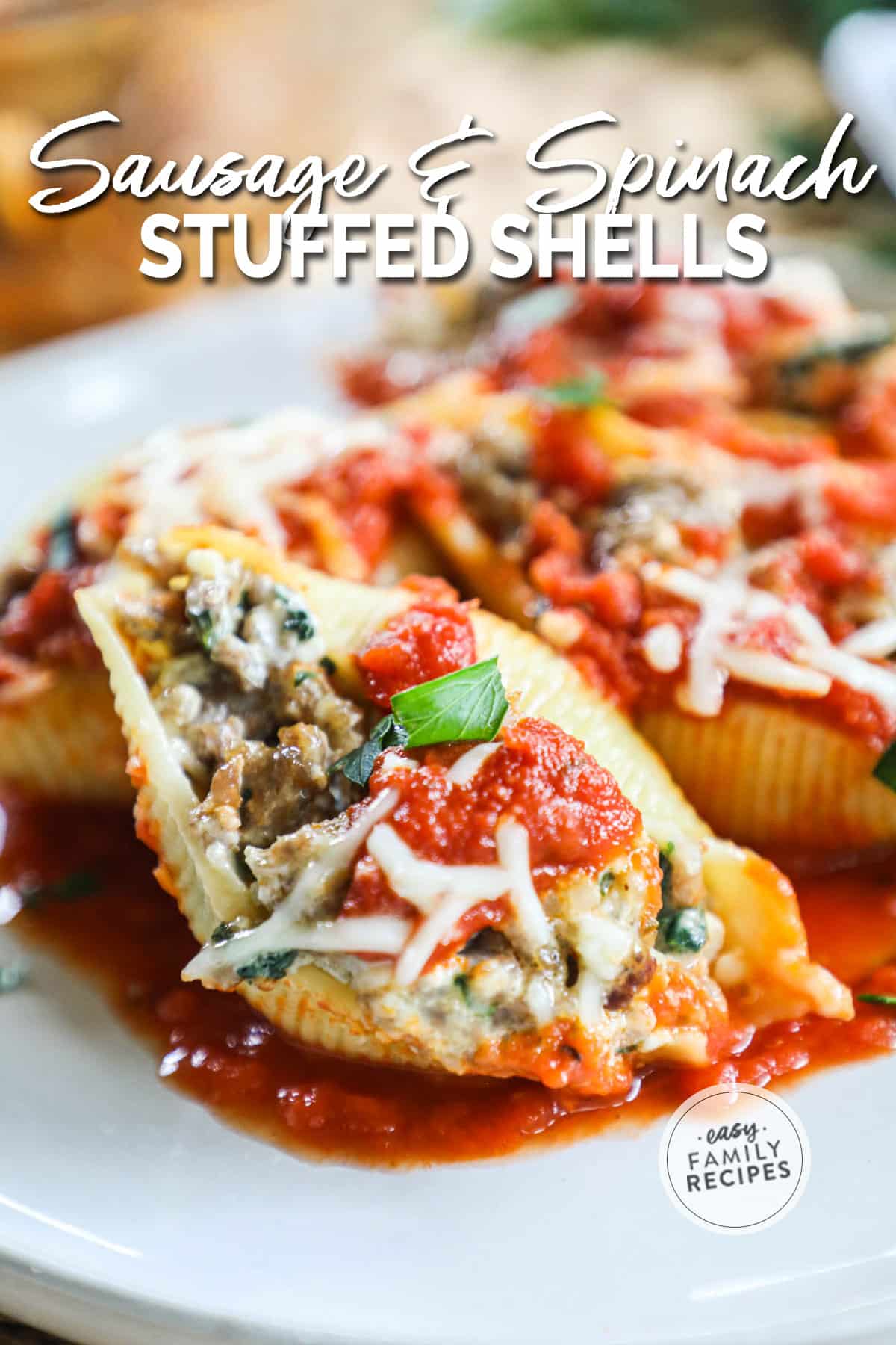 Creamy Sausage & Spinach Stuffed Shells in casserole dish