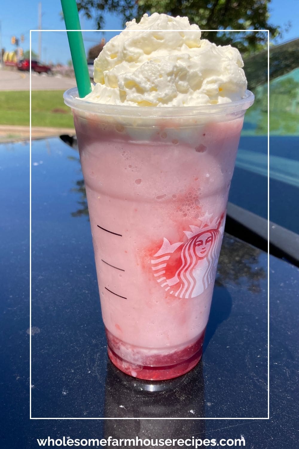 Blended Strawberry Frappe with Fruit on the Bottom and Whipped Cream