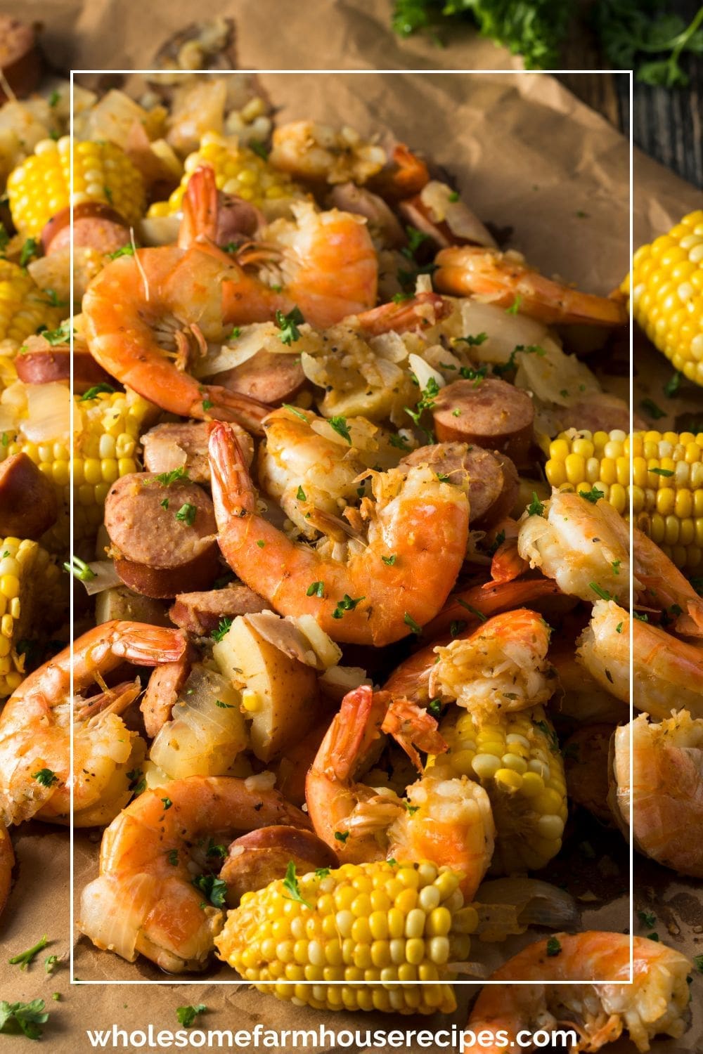 Easy Shrimp Boil Spread out on a Paper Bag