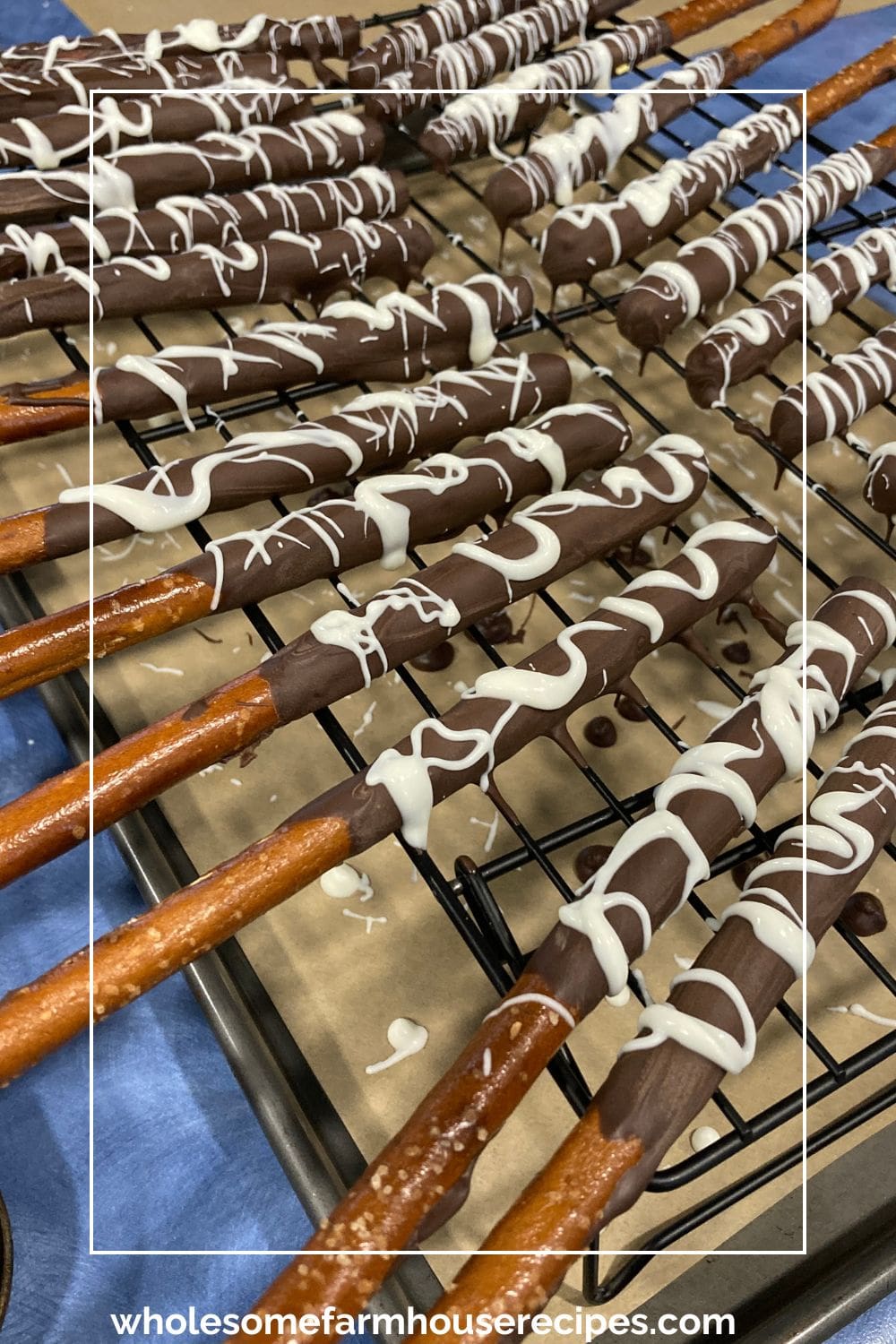 pretzels with milk chocolate and drizzled white chocolate