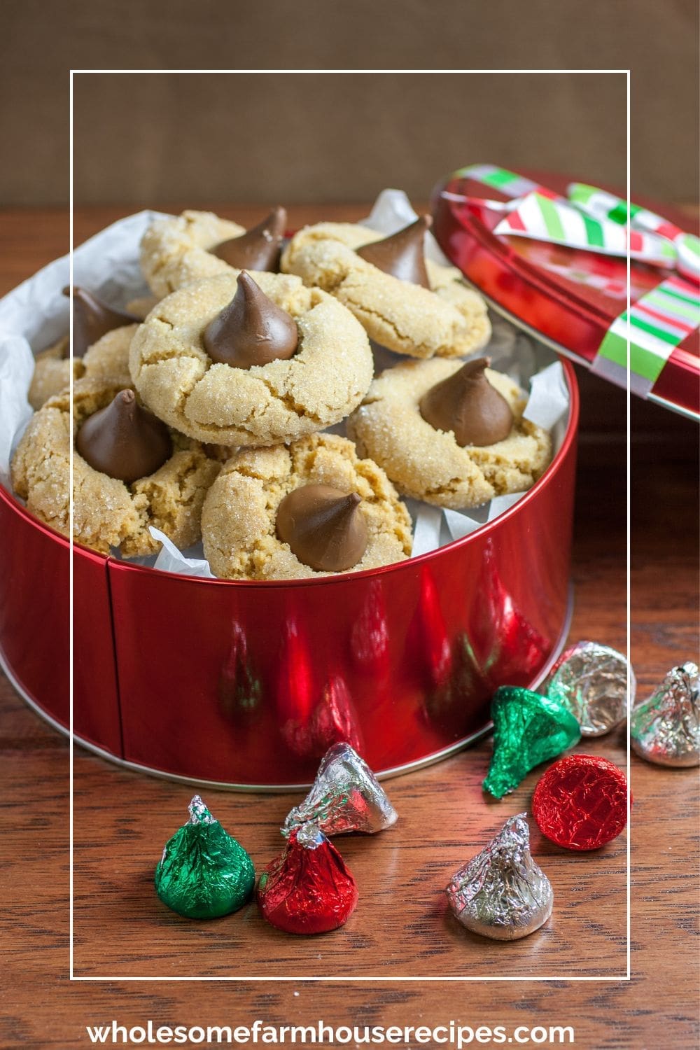 Peanut Butter Kisses Cookies in a Christmas Tin