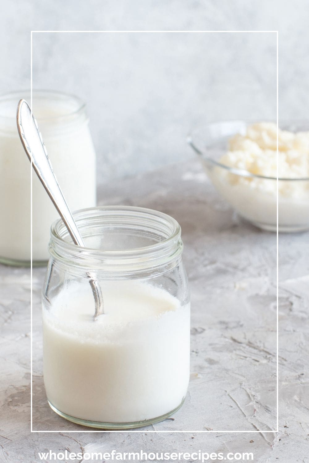 Jar and bowl of homemade kefir