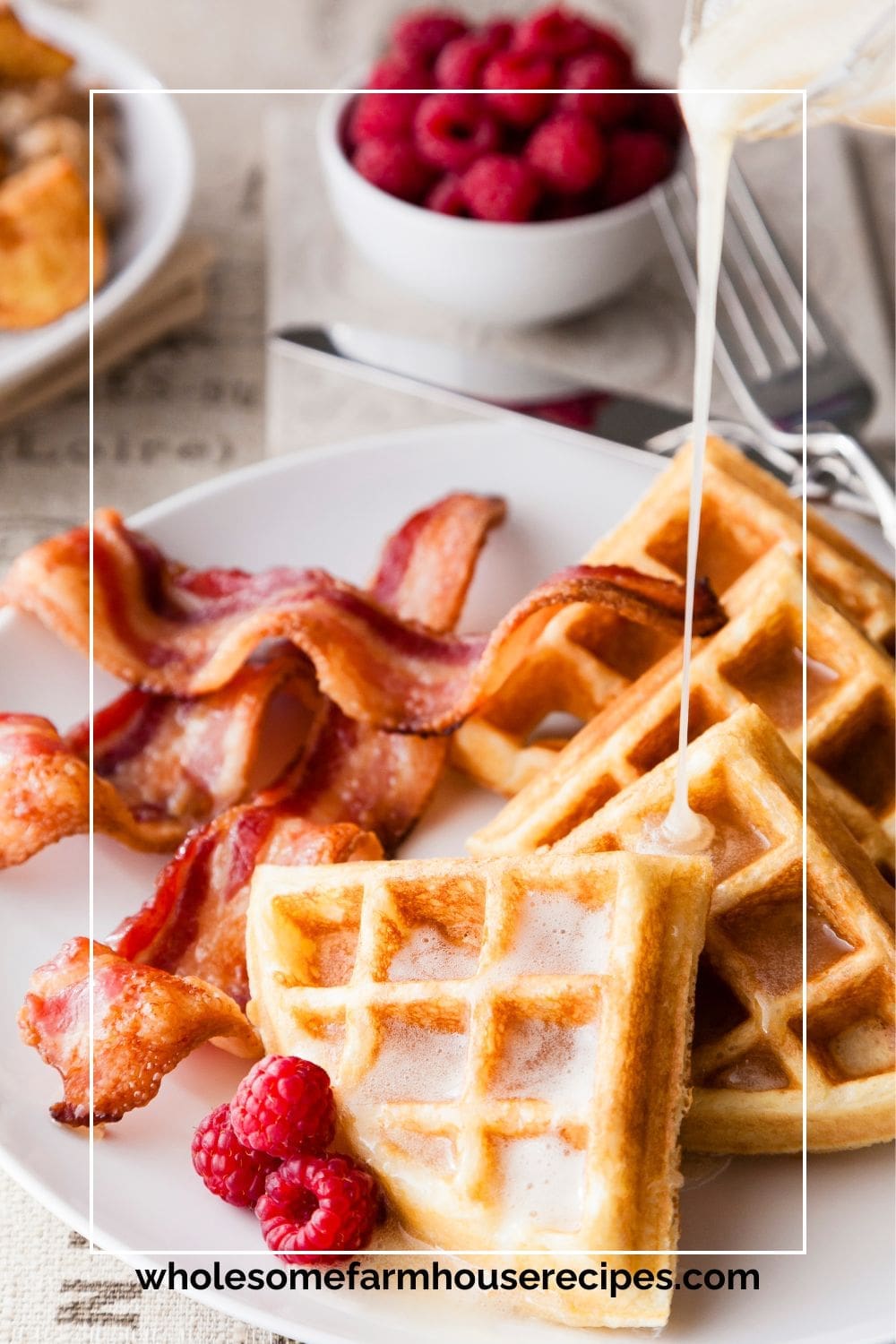 Pouring Buttermilk Syrup on Waffles