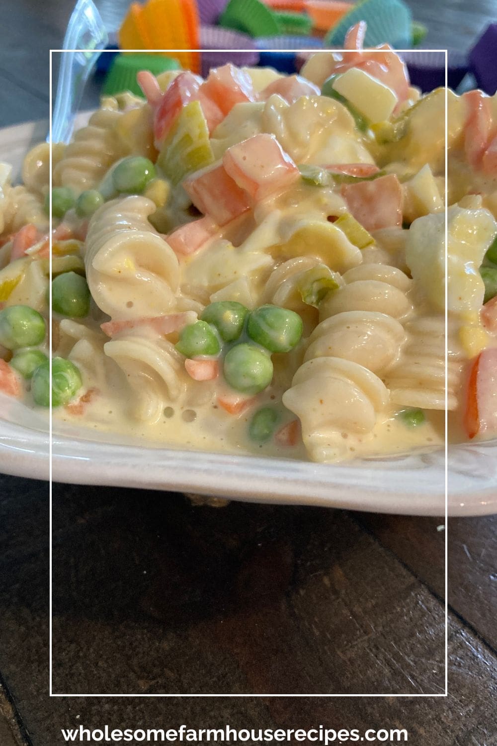 Deviled Egg Noodle Salad Piled High in a Bowl