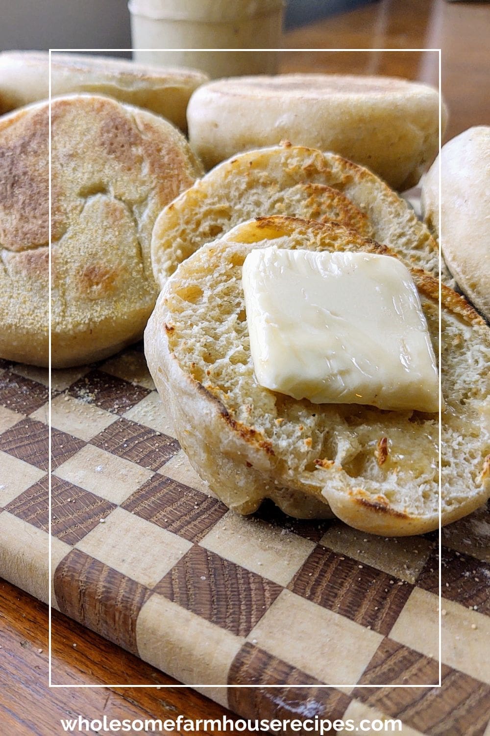 Buttering homemade English Muffins