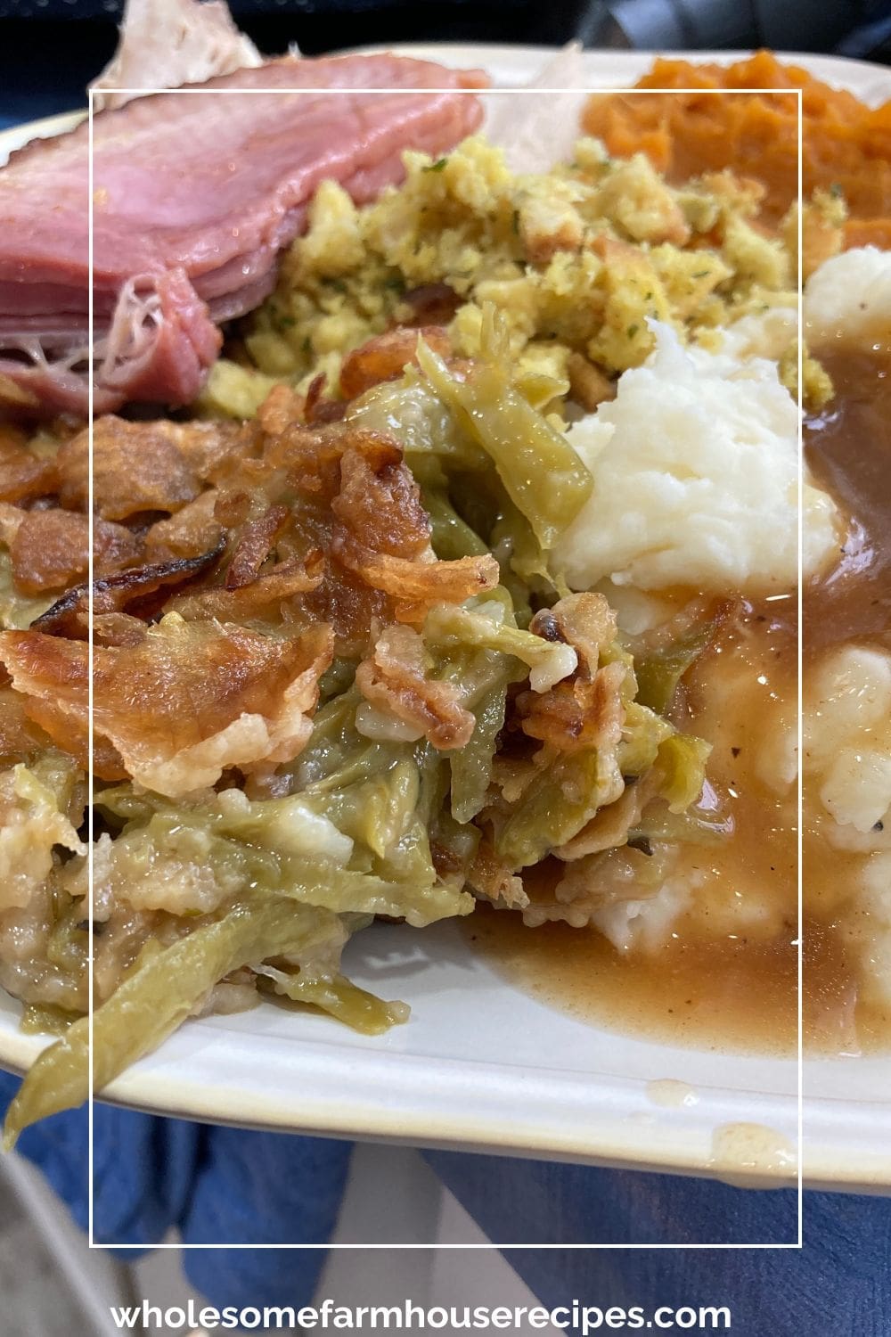 delicious green bean casserole on a Holiday dinner plate